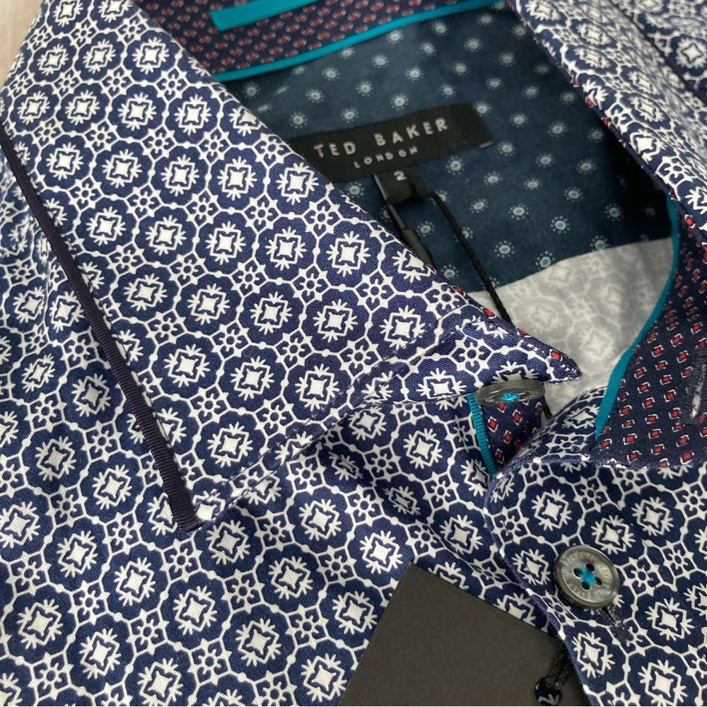 TED BAKER Men’s Navy Tile Printed Shirt, Size 2
